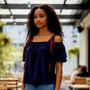 Chic Off-Shoulder Navy Blouse with Red Accents